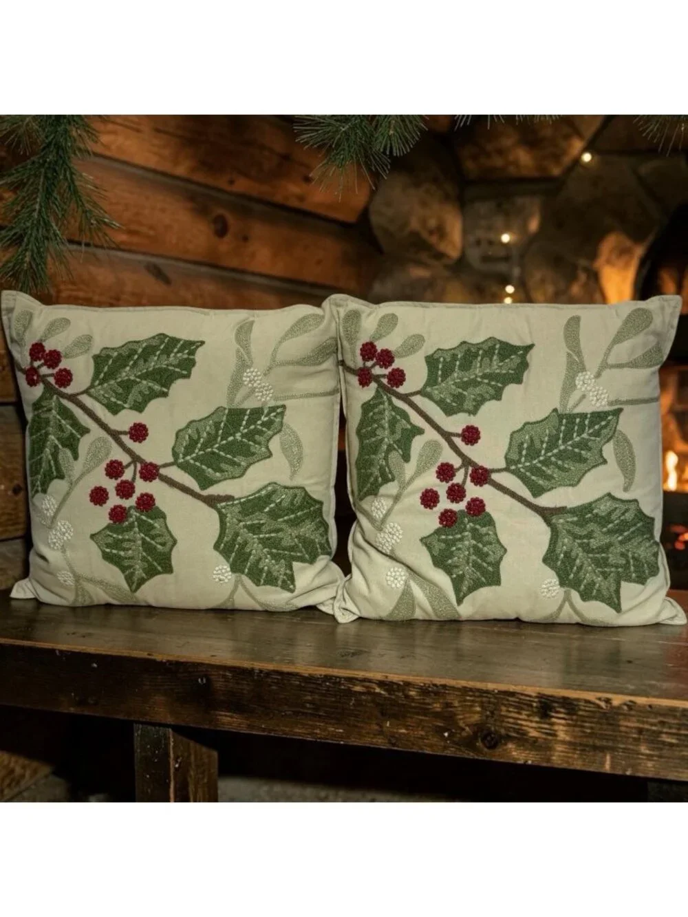 2 Pier 1 Embroidered Christmas Holiday Throw Pillows Holly Berry 18